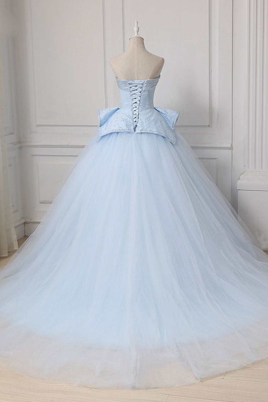 Light Blue Sweetheart Ball Gown Beading Tulle Prom Dresses N2540