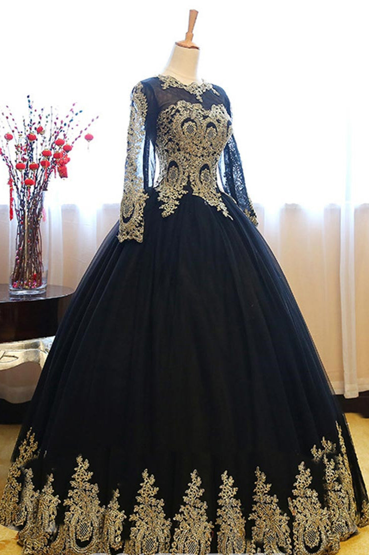 Black Ball Gown Long Sleeves Party Dress Princess Tulle Prom Dress with Lace Appliques N1192