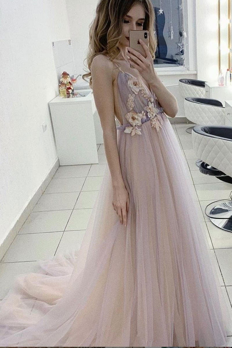 Charming Spaghetti Straps Deep V-Neck Tulle Prom Dresses with Flowers N2390