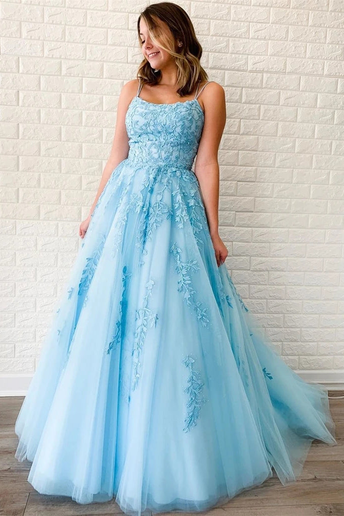 A Line Sky Blue Lace Backless Long Prom Dresses, Backless Sky Blue Lace Formal Dresses N2588