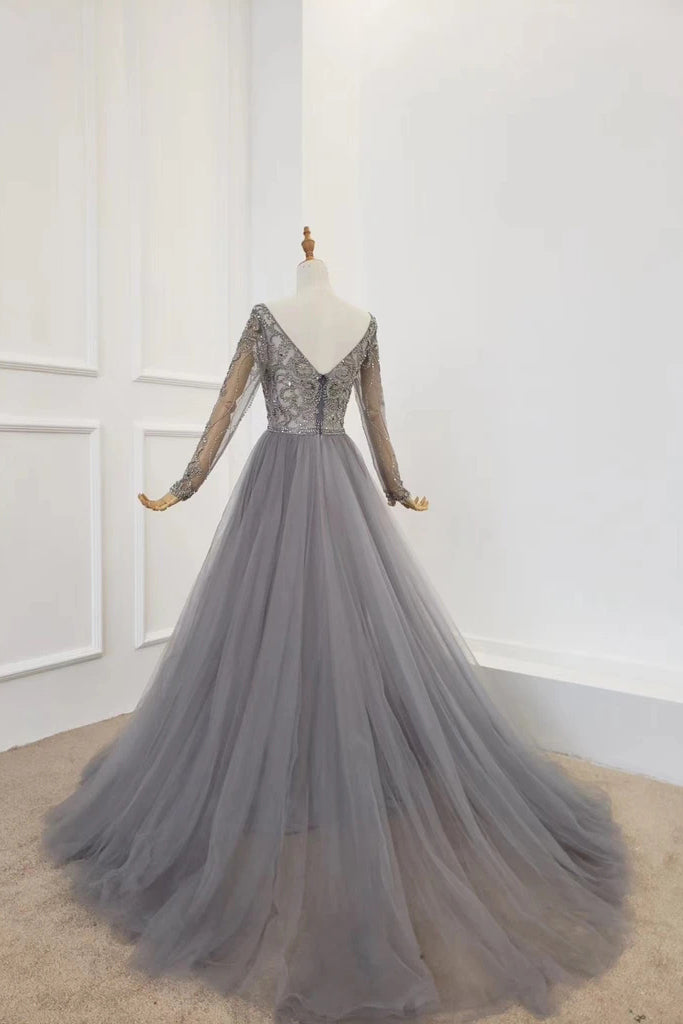 A Line V-Neck Long Sleeves Tulle Gray Prom Dresses with Beading Party Dresses N2578