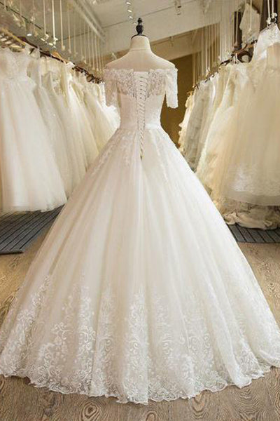 Floor Length Puffy Wedding Dresses Off-the-shoulder Ball Gown Lace Ivory Bridal Gown N1255