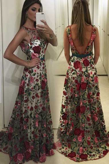 A-Line Sleeveless Embroidery V Back Long Prom Dresses N1560