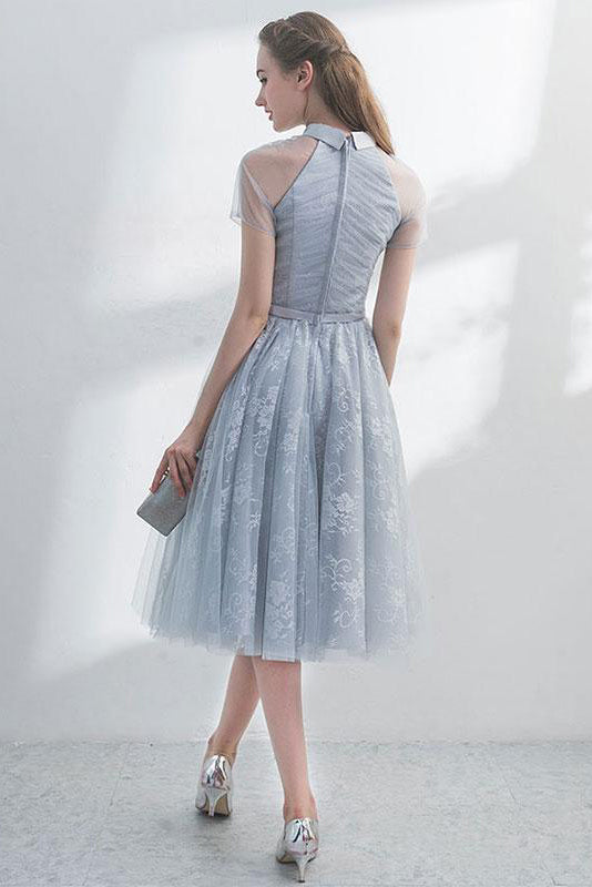 A Line Halter Short Sleeves Tulle Homecoming Dresses with Lace