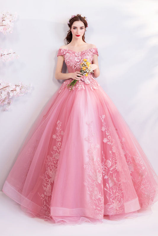 Off the Shoulder Puffy Tulle Prom Dresses Appliqued Quinceanera Dresses N2279