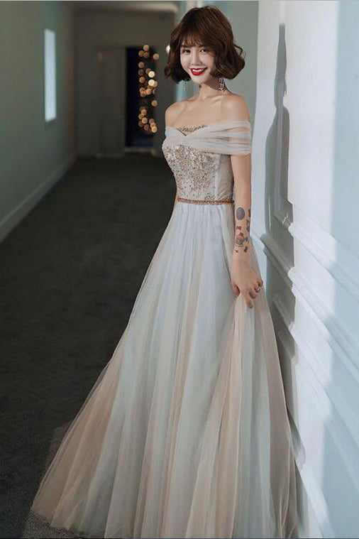 Light Gray Tulle Lace Long Prom Dresses Floor Length Off the Shoulder Formal Dresses N2579