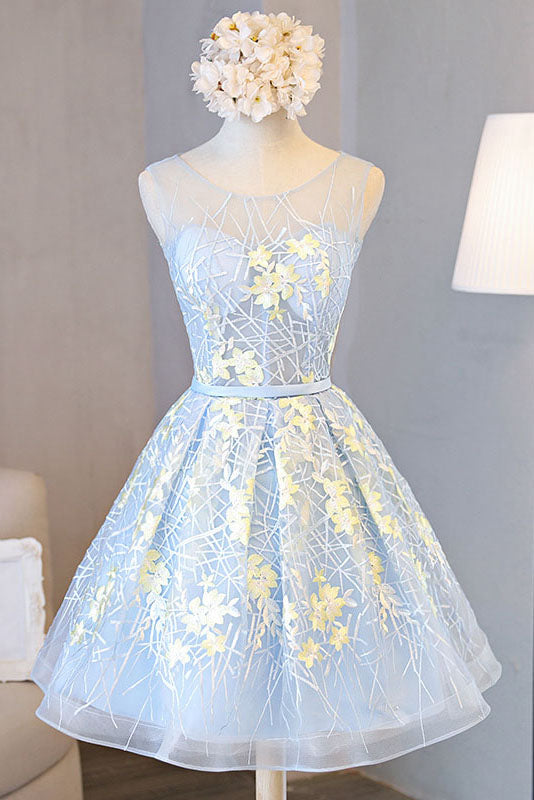 Appliqued A line Tulle Lace Short Prom dress,Sleeveless Homecoming Dresses with Belt,N294