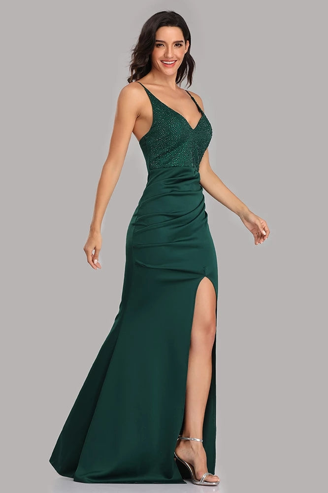 Straps Green Side Slit Mermaid Prom Dresses Sexy Beads V-Neck Formal Dresses XU90815