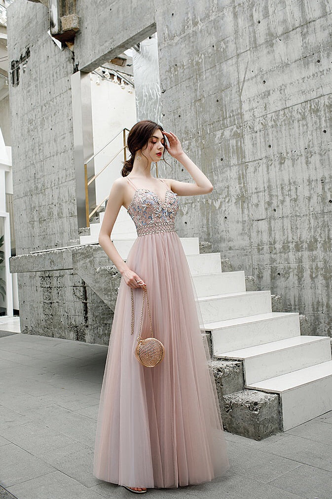 A Line Floor Length Spaghetti Straps Tulle Prom Dress with Beads N2658