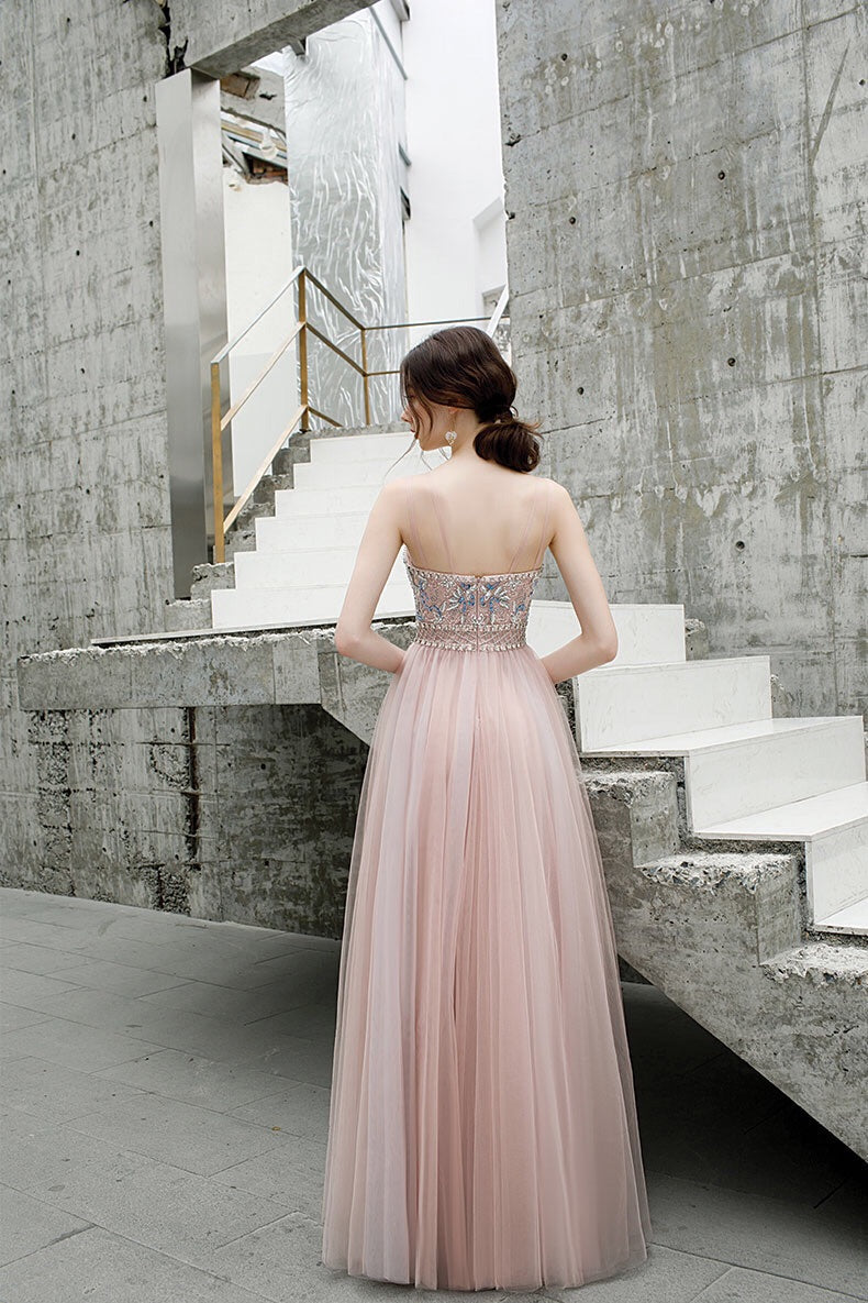 A Line Floor Length Spaghetti Straps Tulle Prom Dress with Beads N2658