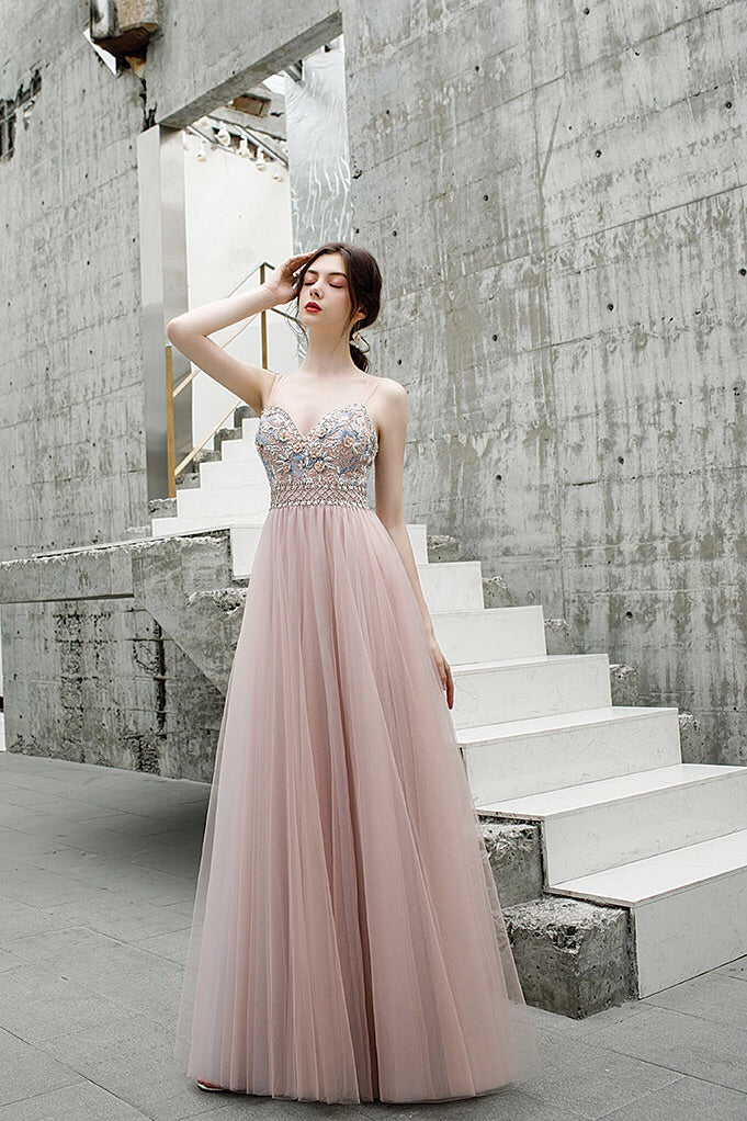 A Line Floor Length Spaghetti Straps Tulle Prom Dress with Beads N2658