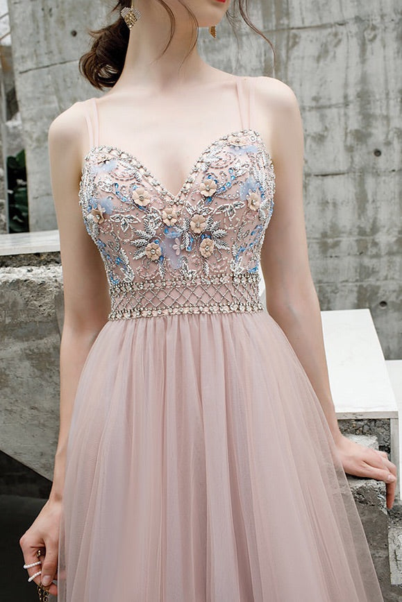 A Line Floor Length Spaghetti Straps Tulle Prom Dress with Beads N2658