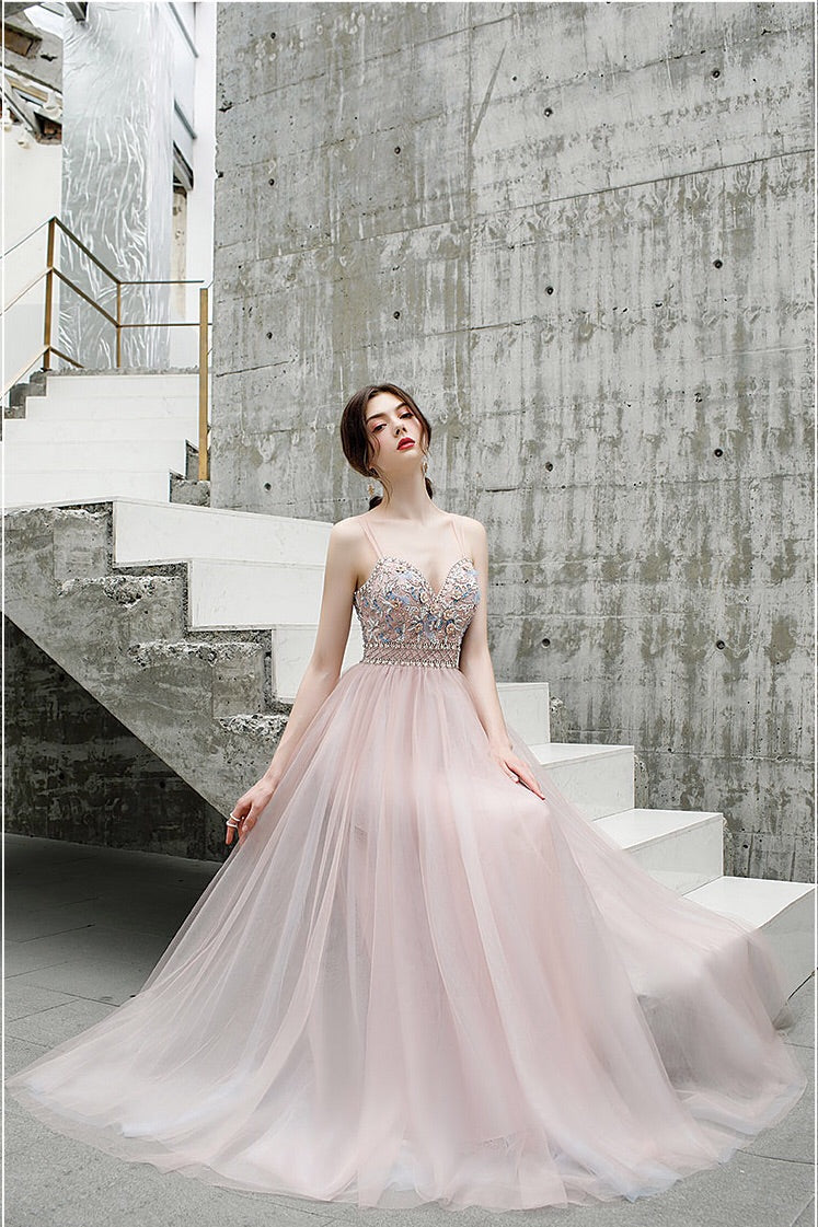 A Line Floor Length Spaghetti Straps Tulle Prom Dress with Beads N2658