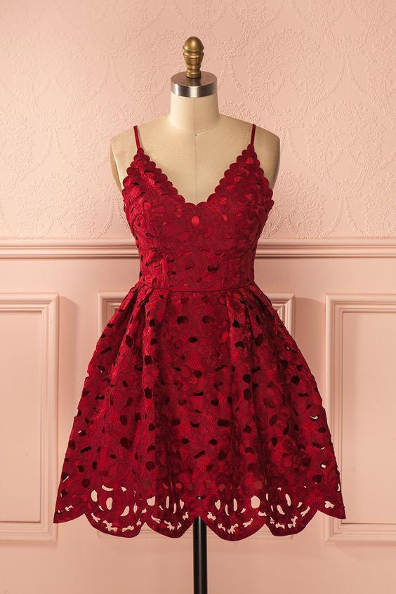 Spaghetti Straps Burgundy V-neck Mini Lace Backless Homecoming Dress,Fashion Party Dress,N332