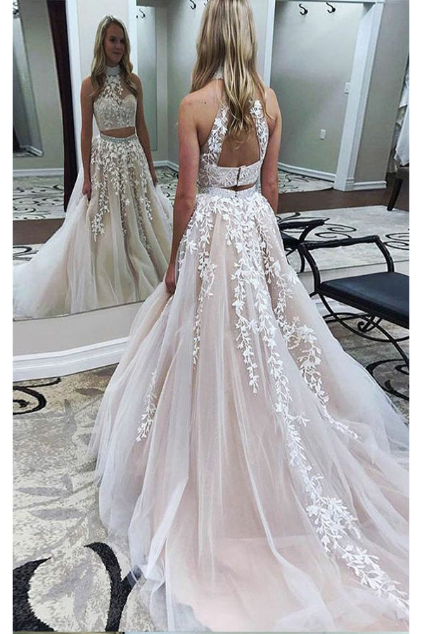 Two Piece High Neck Open Back Appliques Prom Dresses with Beads Long Formal Dresses N1058