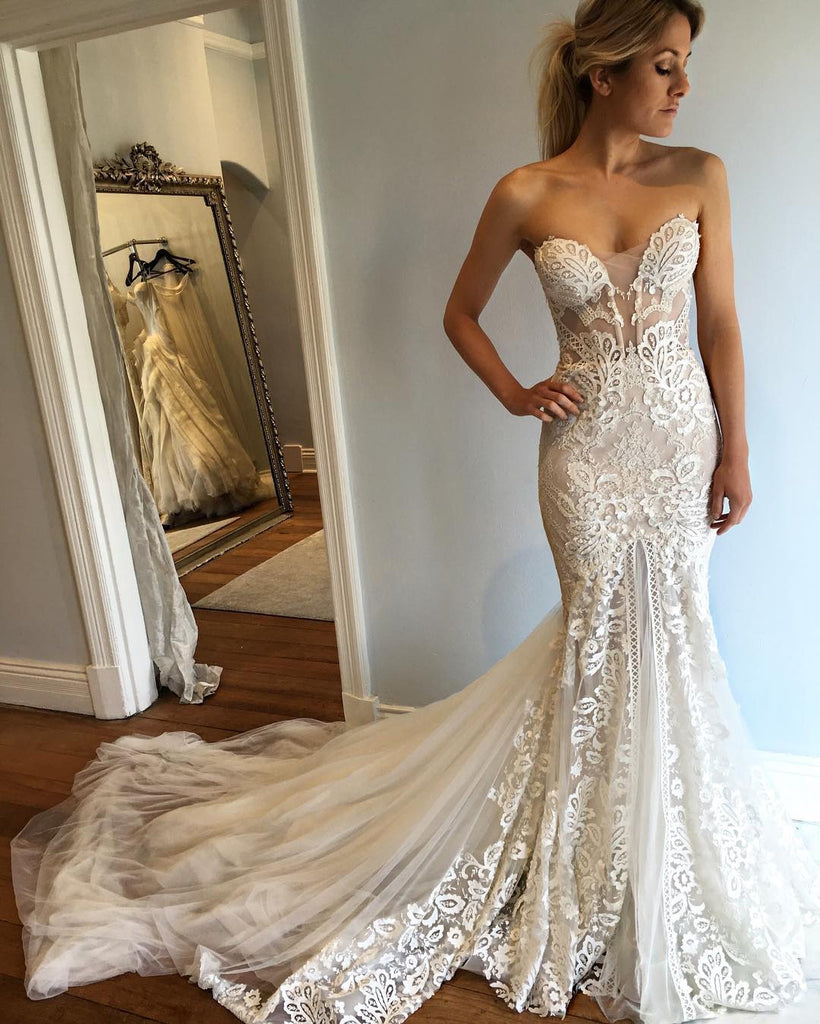 Strapless Mermaid Long Sweetheart Wedding Dress with Lace Appliques ...