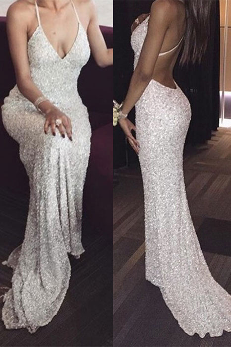 White Deep V neck Spaghetti Straps Sequin Mermaid Long Prom Dresses,Sexy Evening Dress,N405