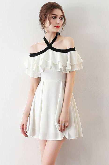 Chic Light Ivory Halter Ruffles Chiffon Short Homecoming Dresses N406