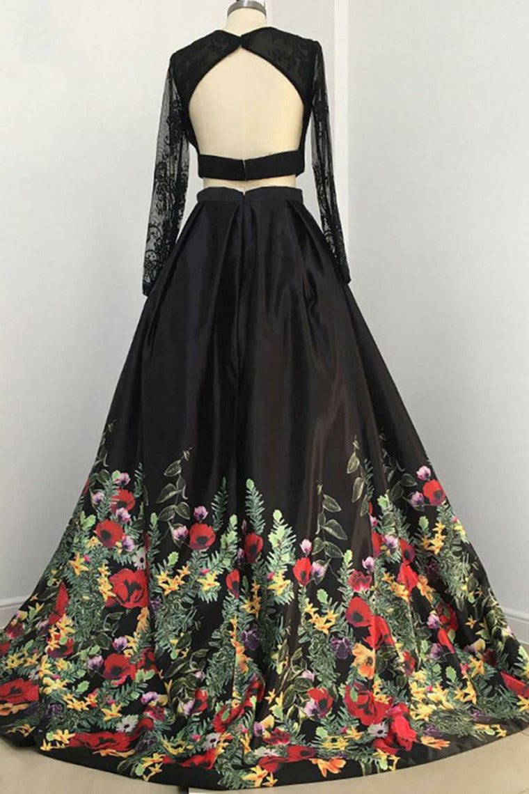 Two Piece Black Long Sleeve Formal Dresses with Appliques Long Prom Dresses with Lace N1400