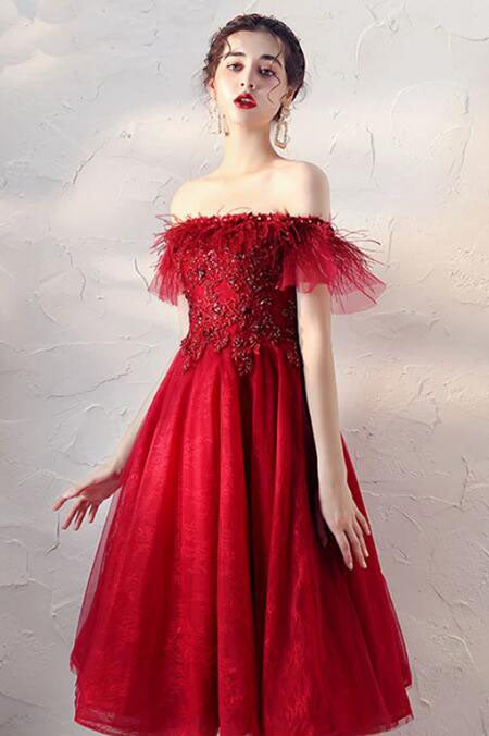 Burgundy Off the Shoulder Knee Length Homecoming Dresses with Beading A Line Dresses N2188