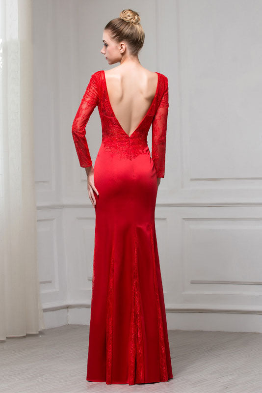 Red Long Sleeves V-Neck Mermaid Floor Length Evening Dresses with Lace N2330