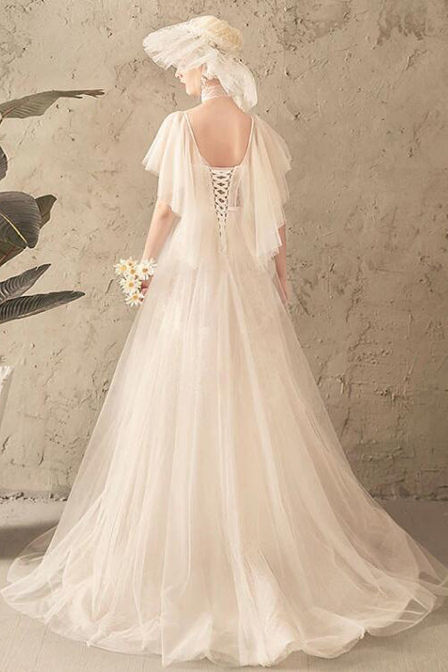 Unique Tulle Lace Long Wedding Dresses Ivory Short Sleeves Lace Up Back Bridal Dresses N2585