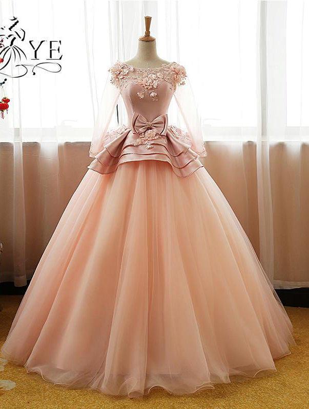 Ball Gown Long Sleeve Tulle Prom Dresses with Flowers Puffy Quinceanera Dresses N1042