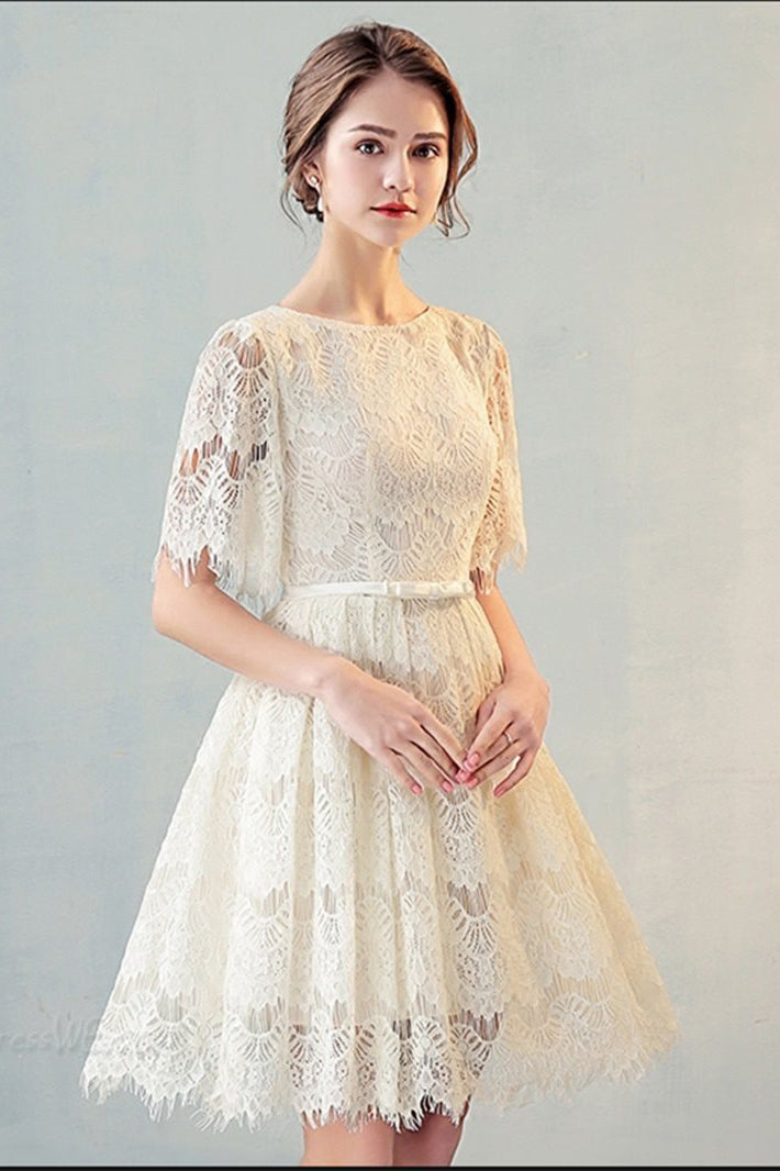 A Line Half Sleeves Lace Homecoming Dresses with Belt N1948