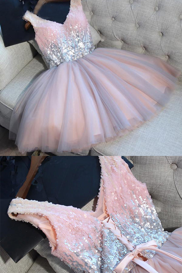 A Line Sequines V-Neck Tulle Mini Homecoming Dresses