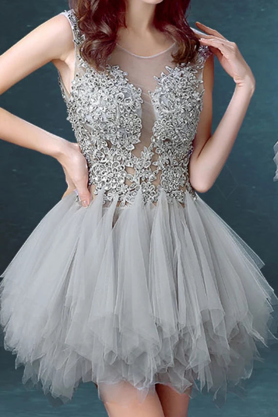 Silver Gray Tulle Scoop Unique Junior Homecoming Dresses with appliques Graduation Dresses N2049