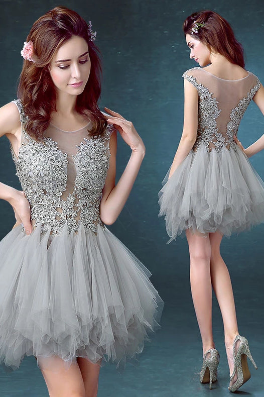 Silver Gray Tulle Scoop Unique Junior Homecoming Dress with appliques,Graduation Dress N2049