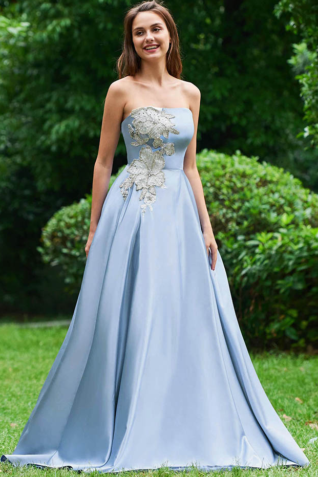 Light Blue Strapless Long Prom Dress with Appliques, A Line Cheap Formal Dress with Beads N1665