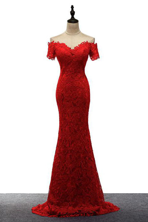Red Off the Shoulder Mermaid Lace Prom Dresses, Sweep Train Long ...