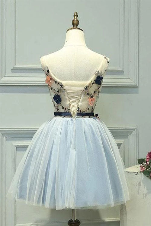 A Line Blue Tulle Homecoming Dress With Appliques Cute Graduation Dress with Flower N2177