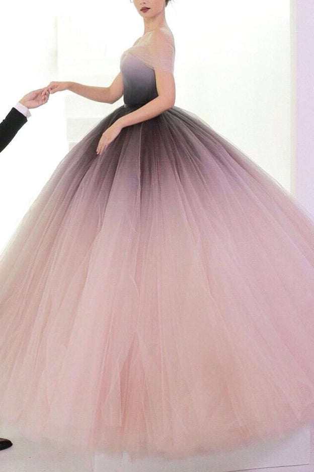 Elegant Off the Shoulder Ombre Tulle Puffy Prom Dresses Long Evening Dresses