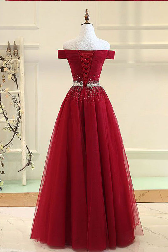 Off the Shoulder Tulle Long Prom Dresses with Rhinestones Burgundy Formal Dresses N1544