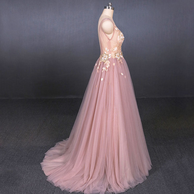 Pink V-Neck Sleeveless Tulle Prom Dresses with Appliques A Line Tulle Evening Dresses N2338