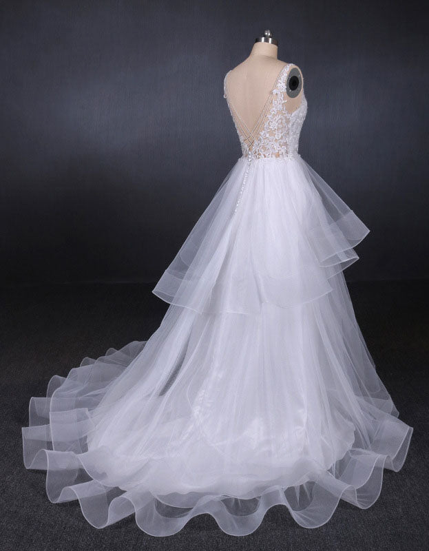 Unique V-Neck Sleeveless Tulle Wedding Dresses Asymmetrical Long Bridal Dresses N2290