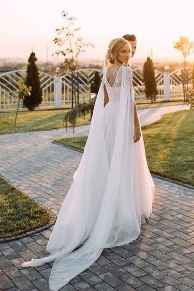 A Line Beaded Chiffon Cap Sleeves Boho Wedding Dresses, Beach Wedding Dress with Pearls N2066