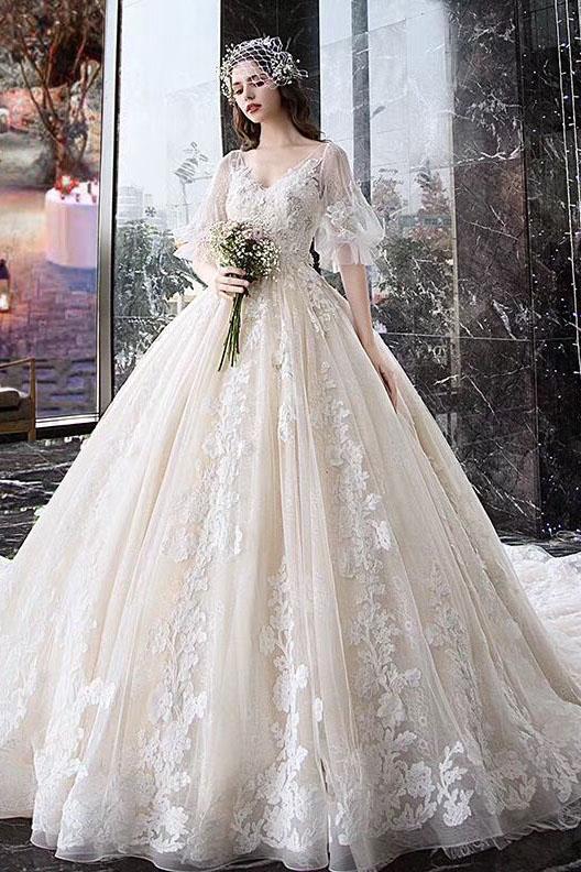 Charming Half Sleeves Ball Gown V Neck Wedding Dresses Princess Bridal Dresses N1626