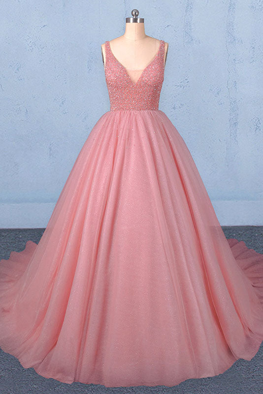 Ball Gown V Neck Tulle Prom Dress with Beads, Puffy Sleeveless Quinceanera Dresses N2333