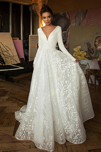 Elegant A Line Long Sleeves V-Neck Wedding Dresses – Simibridaldresses