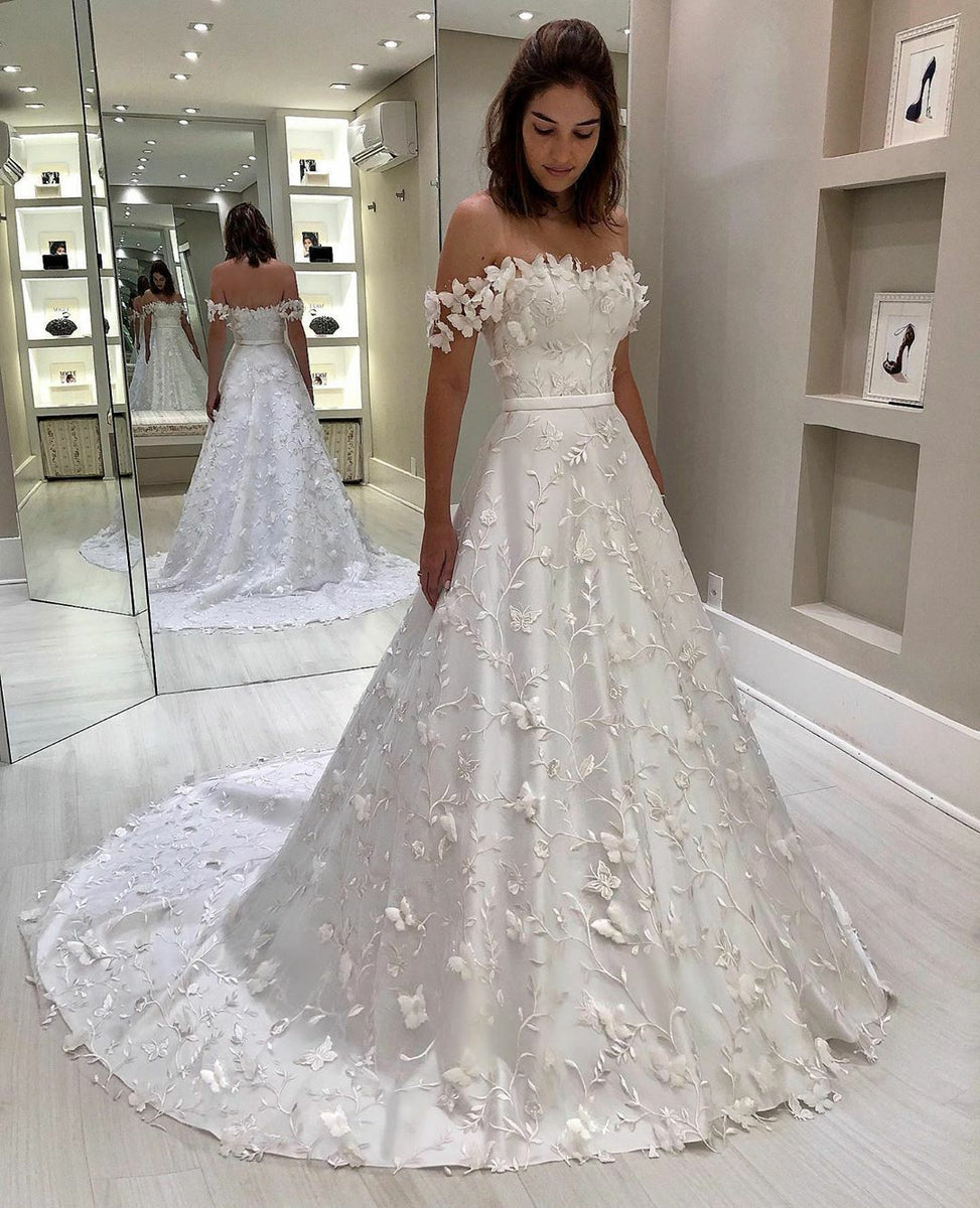 Gorgeous Off the Shoulder Lace Wedding Dresses Long Bridal Dresses N24 ...