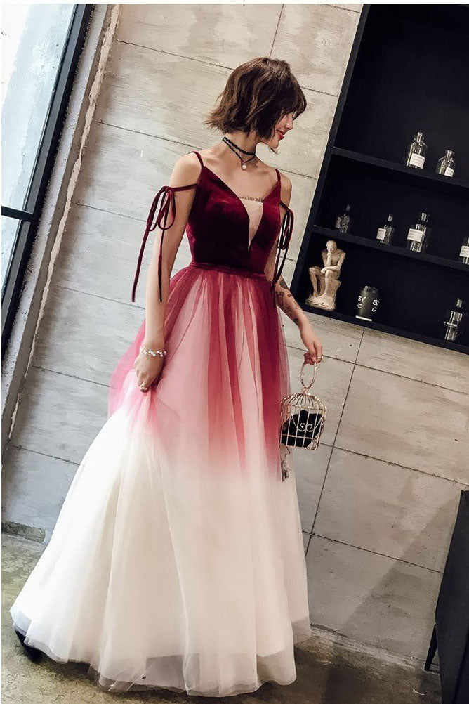 Ombre Long Tulle Prom Dresses Unique V Neck Sleeveless Party Dresses Dance Dresses N1598