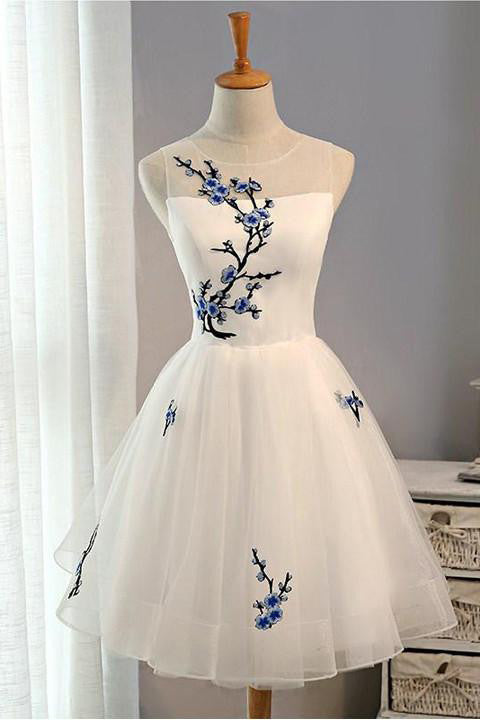 New Arrival Embroidery Flowers Sleeveless Short Tulle Homecoming Dress,Short Prom Dress,N228