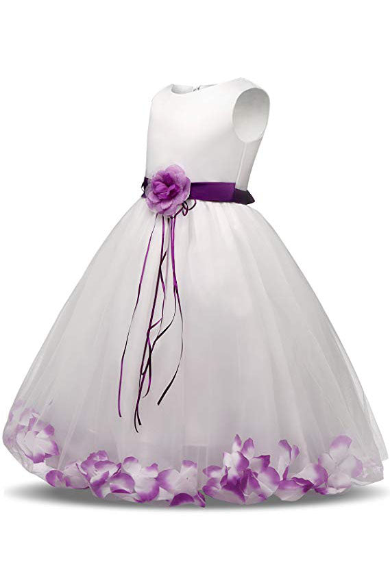 White Ball Gown Sleeveless Long Flower Girl Dresses with Purple Flowers Sash F064