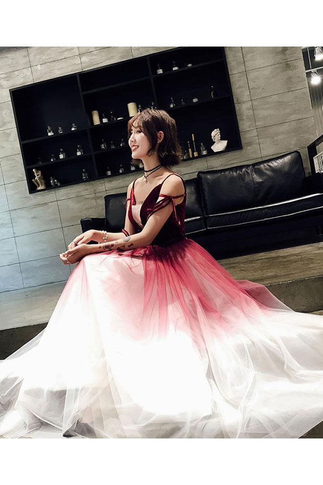 Ombre Long Tulle Prom Dresses Unique V Neck Sleeveless Party Dresses Dance Dresses N1598