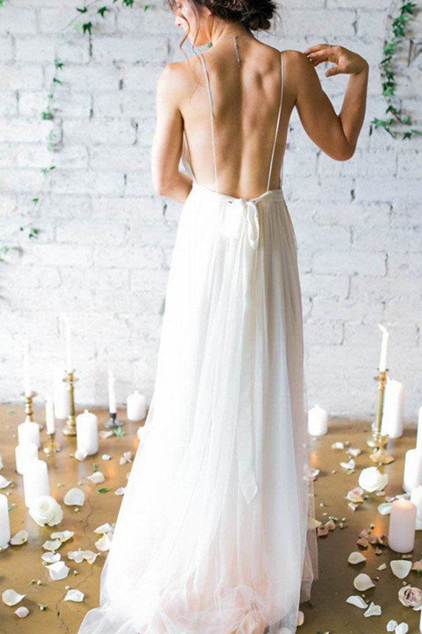 Ivory Backless Deep V-Neck Straps Sweep Train Beach Wedding Dresses