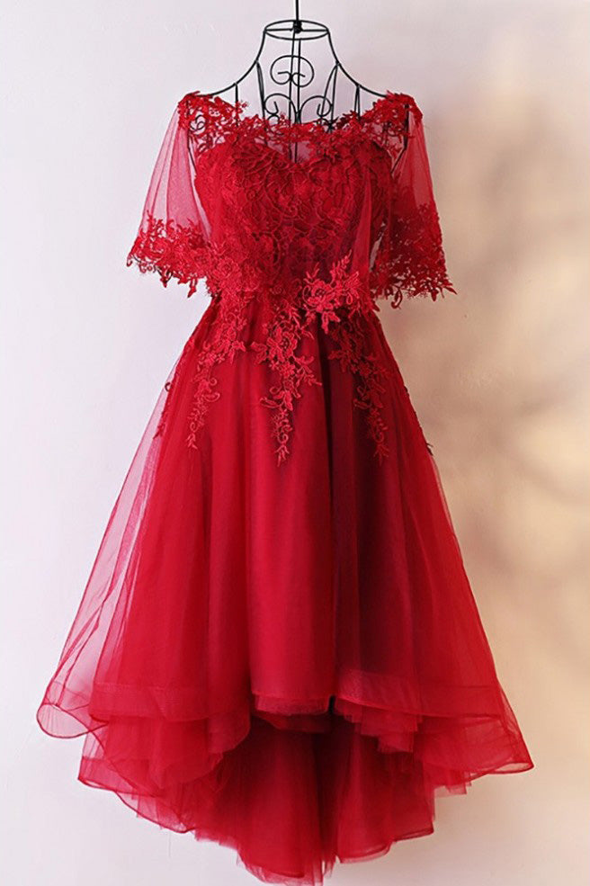 Unique Sweetheart Red High Low Lace Up Back Tulle Cheap Prom Dress With Appliques N824