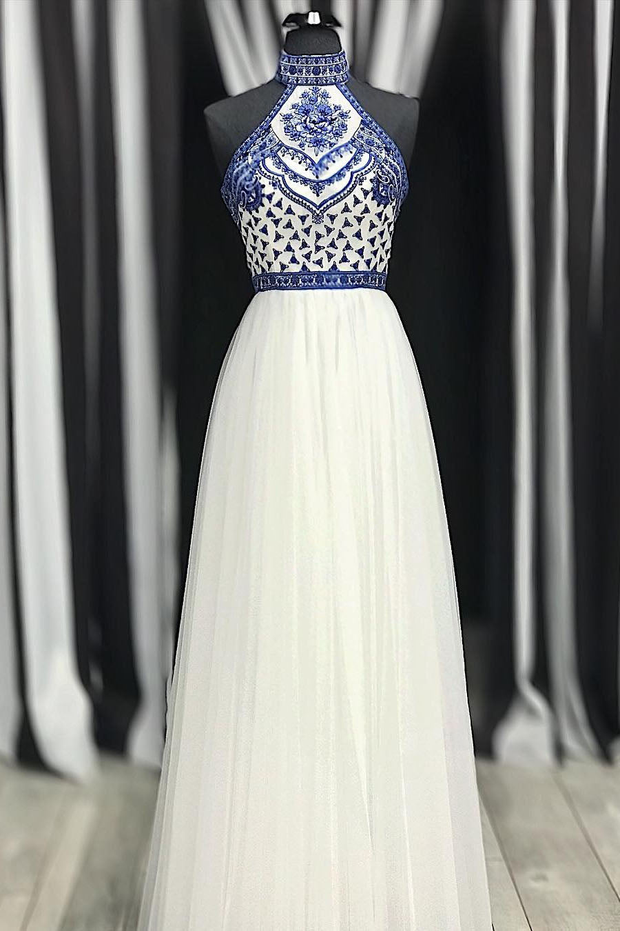 White High Neck Long Prom Dresses with Royal Blue Embroidery Charming Party Dresses N1655